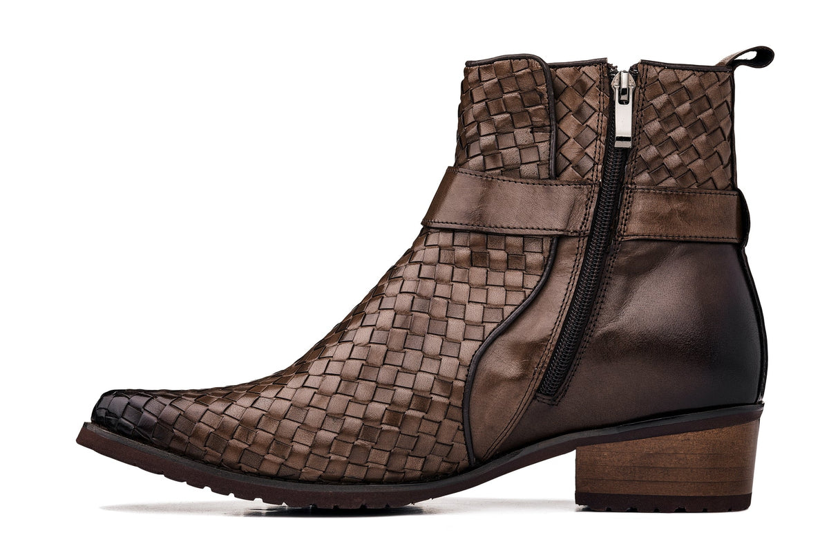 CALTO - K30525 - 3.3 Inches Taller (Coffee Brown) - Woven High-Top Buckle Zipper Ankle BootsBootsTorqelo.com