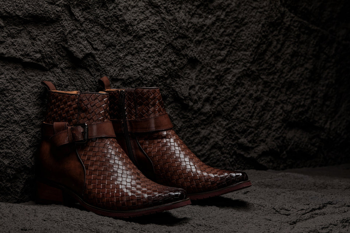 CALTO - K30525 - 3.3 Inches Taller (Coffee Brown) - Woven High-Top Buckle Zipper Ankle BootsBootsTorqelo.com