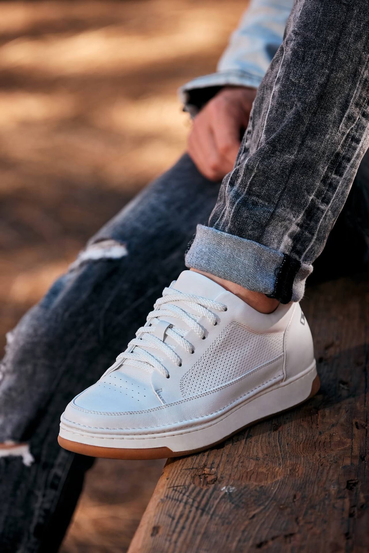 CALTO - Y7932 - 2.6 Inches Taller (White/Off-White & Gum Sole) - Elevated Micro-Perforated Leather SneakersCasualTorqelo.com