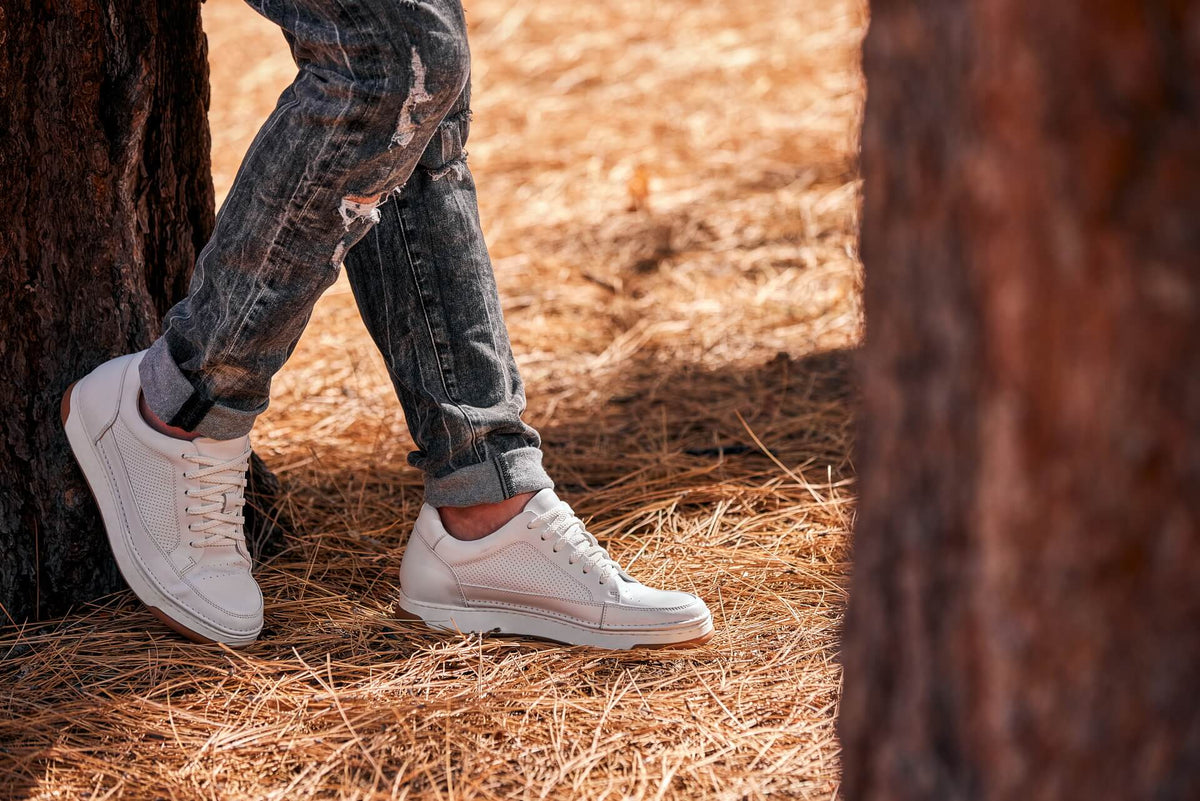 CALTO - Y7932 - 2.6 Inches Taller (White/Off-White & Gum Sole) - Elevated Micro-Perforated Leather SneakersCasualTorqelo.com