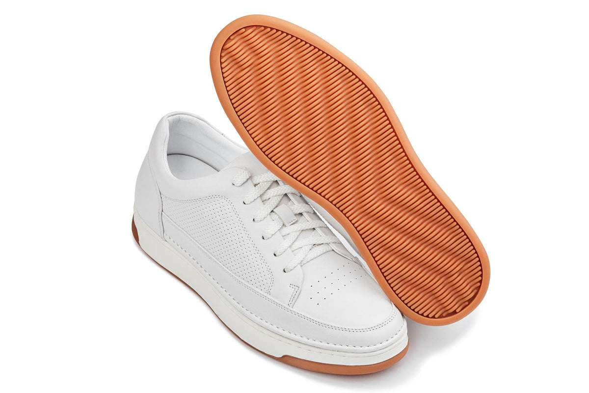 CALTO - Y7932 - 2.6 Inches Taller (White/Off-White & Gum Sole) - Elevated Micro-Perforated Leather SneakersCasualTorqelo.com