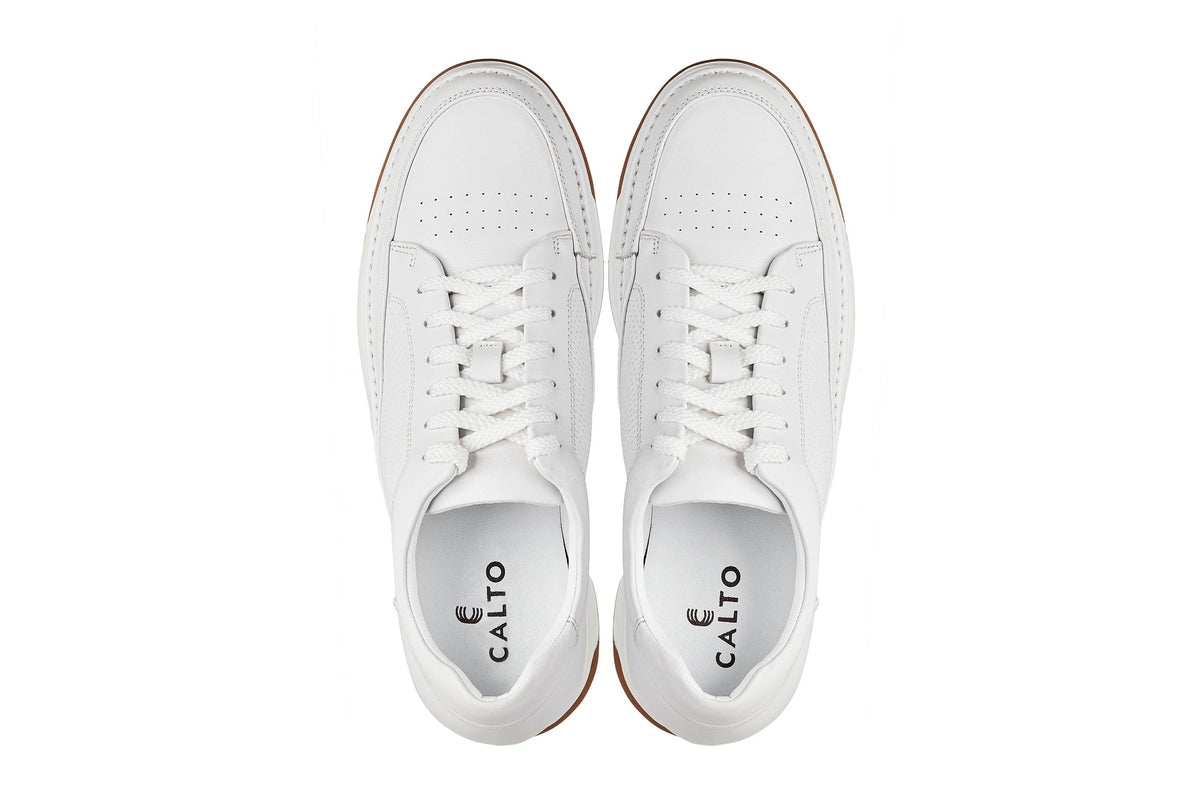 CALTO - Y7932 - 2.6 Inches Taller (White/Off-White & Gum Sole) - Elevated Micro-Perforated Leather SneakersCasualTorqelo.com
