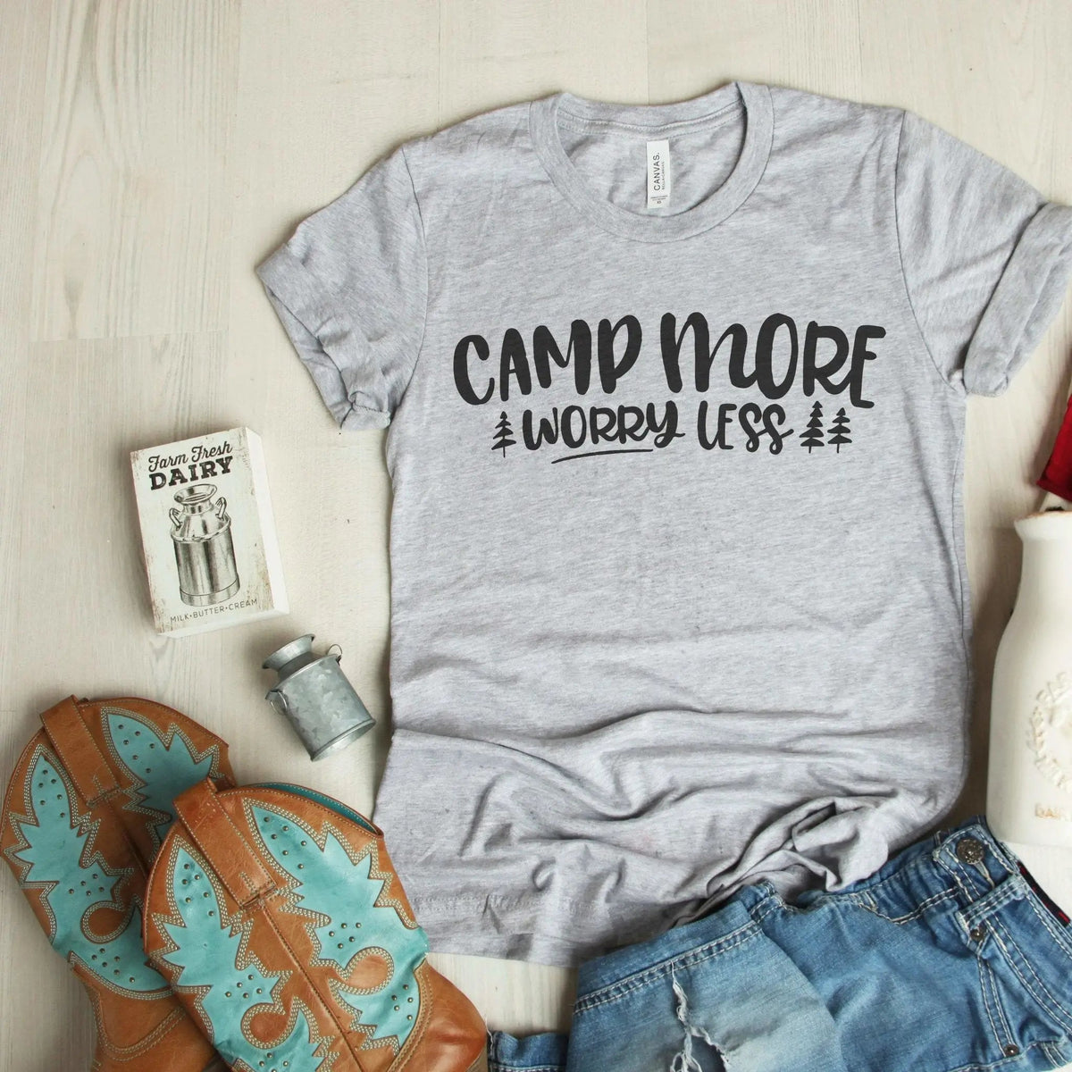 Camp More Worry Less T-shirt, Camping tshirt women, Camping shirt, womens tshirt, Summer mens tshirt, unique camping gifts by Joyful Moose