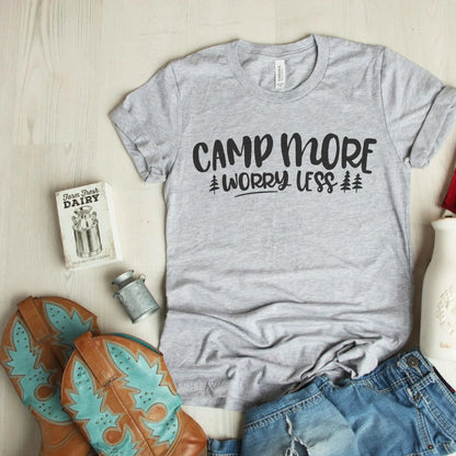 Camp More Worry Less T-shirt, Camping tshirt women, Camping shirt, womens tshirt, Summer mens tshirt, unique camping gifts by Joyful Moose