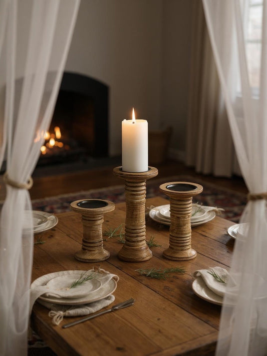 Ribbed Wooden Pillar Candle Holder | 3 Sizes by Rust & Cinder