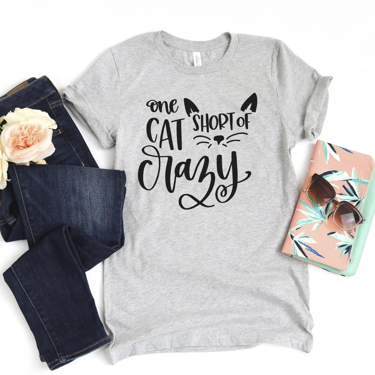 cat tshirt, One Cat Short of Crazy T-shirt, cat tshirts women, cat woman tshirt by Joyful Moose