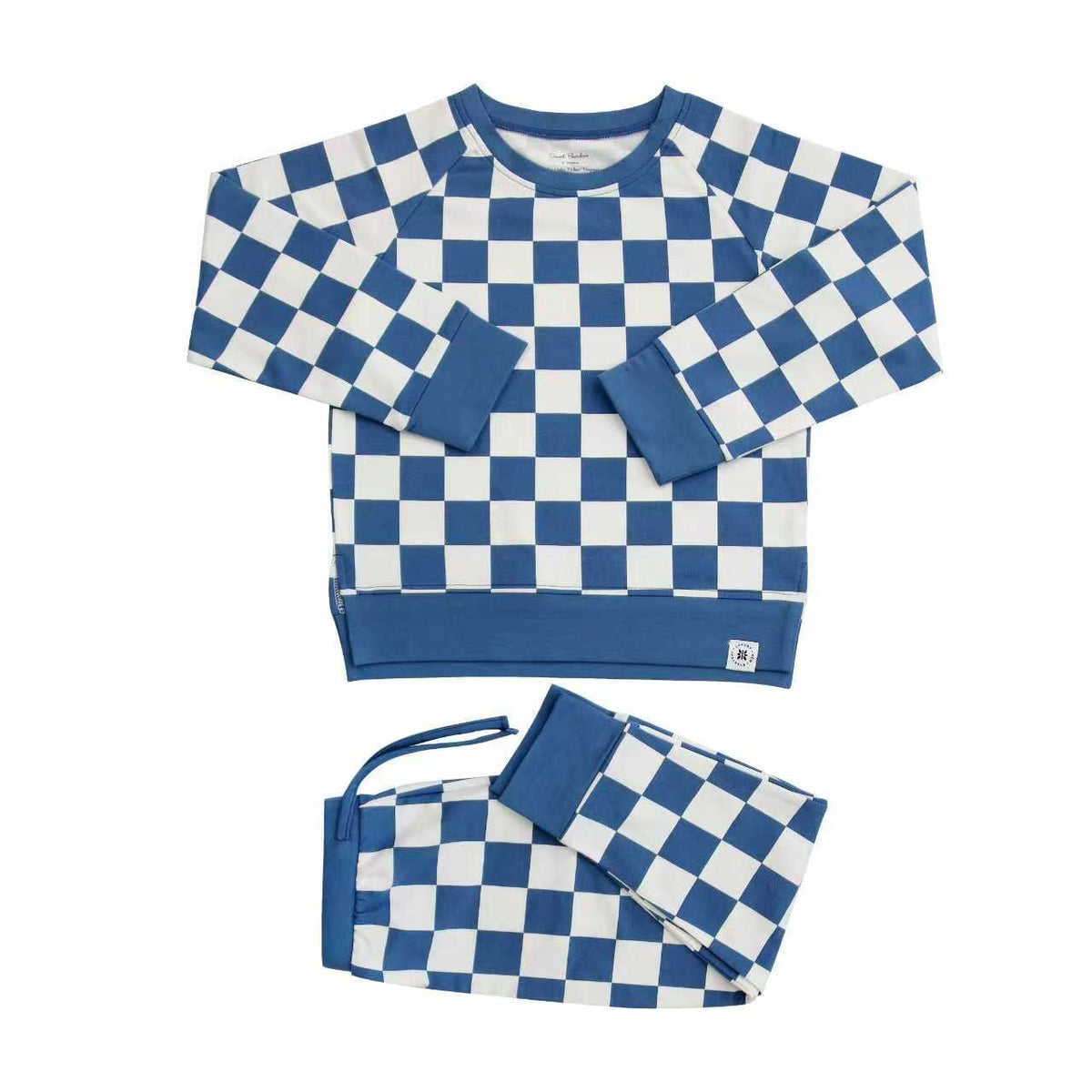 Checker Moody Blue Crew Neck Jogger Set by Sweet Bamboo
