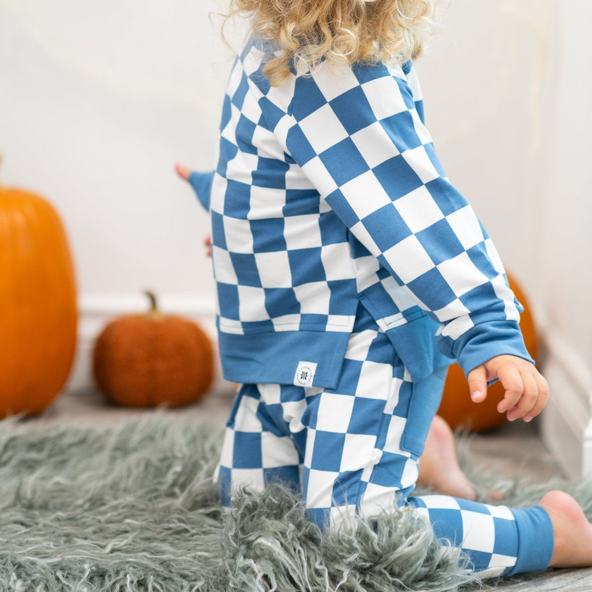 Checker Moody Blue Crew Neck Jogger Set by Sweet Bamboo