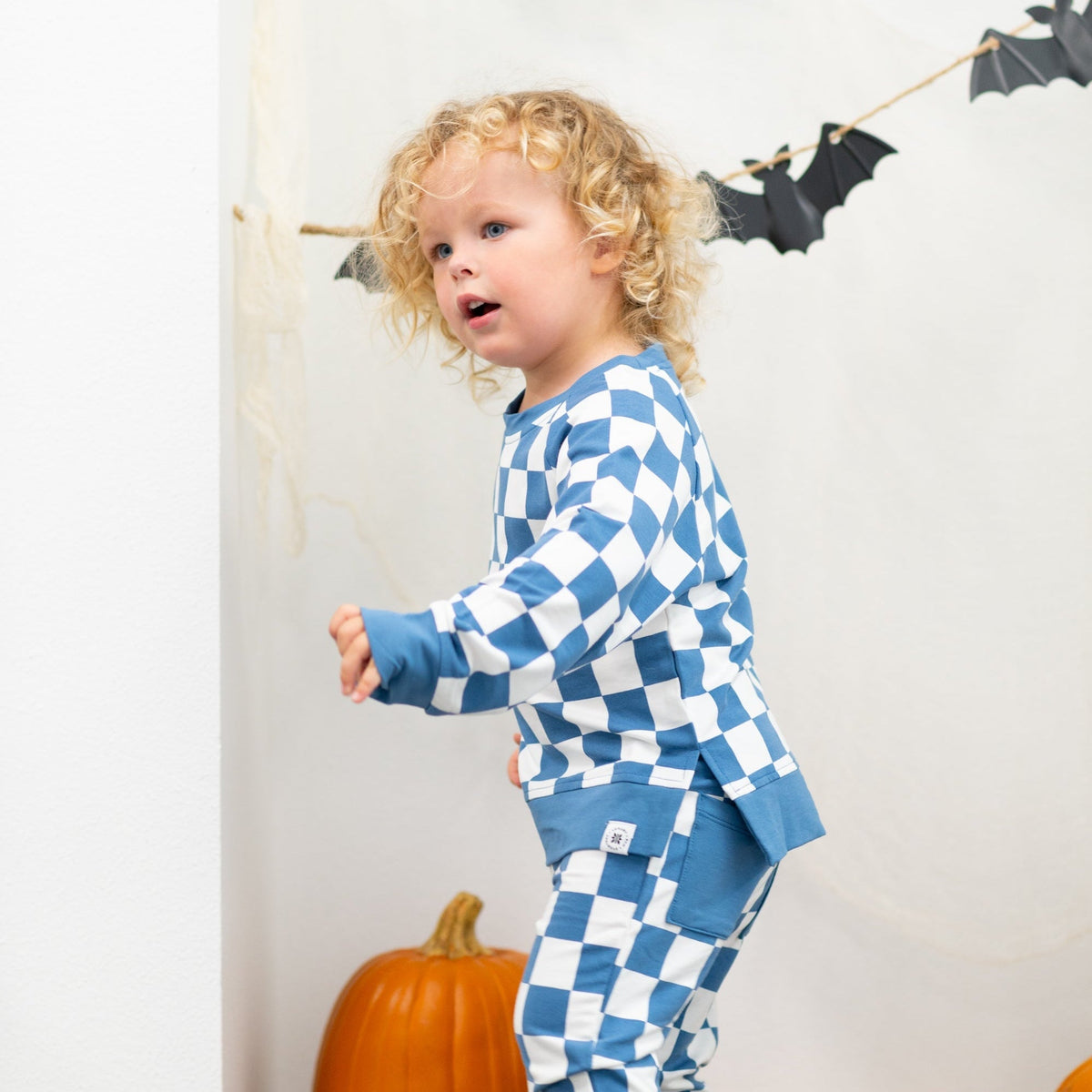 Checker Moody Blue Crew Neck Jogger Set by Sweet Bamboo