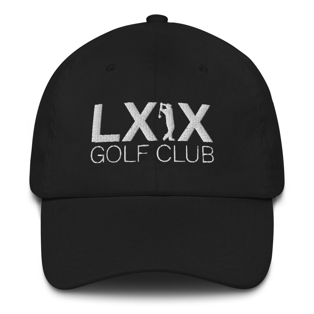 Swinger logo dad hat with white embroidered character logo, cotton twill