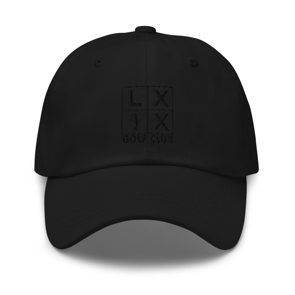 Four Box logo dad hat with black embroidered grid logo, cotton twill