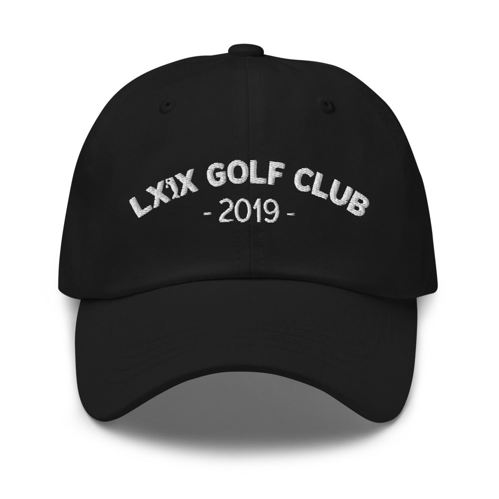 Arch logo dad hat with white varsity-style embroidery, cotton twill