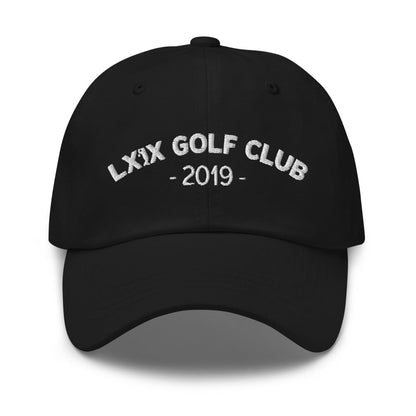 Arch logo dad hat with white varsity-style embroidery, cotton twill