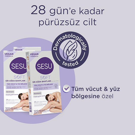 Sesu Soft Wax Strips for Hair Removal - Easy, Quick, Dermatologically Tested - 32 Strips by Beauty Care Bag