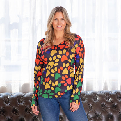 Colorful Paw Print Long Sleeve V-Neck TopSweaters & CardigansTorqelo.com
