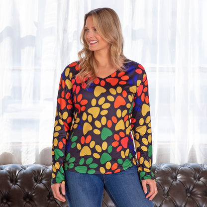 Colorful Paw Print Long Sleeve V-Neck TopSweaters & CardigansTorqelo.com