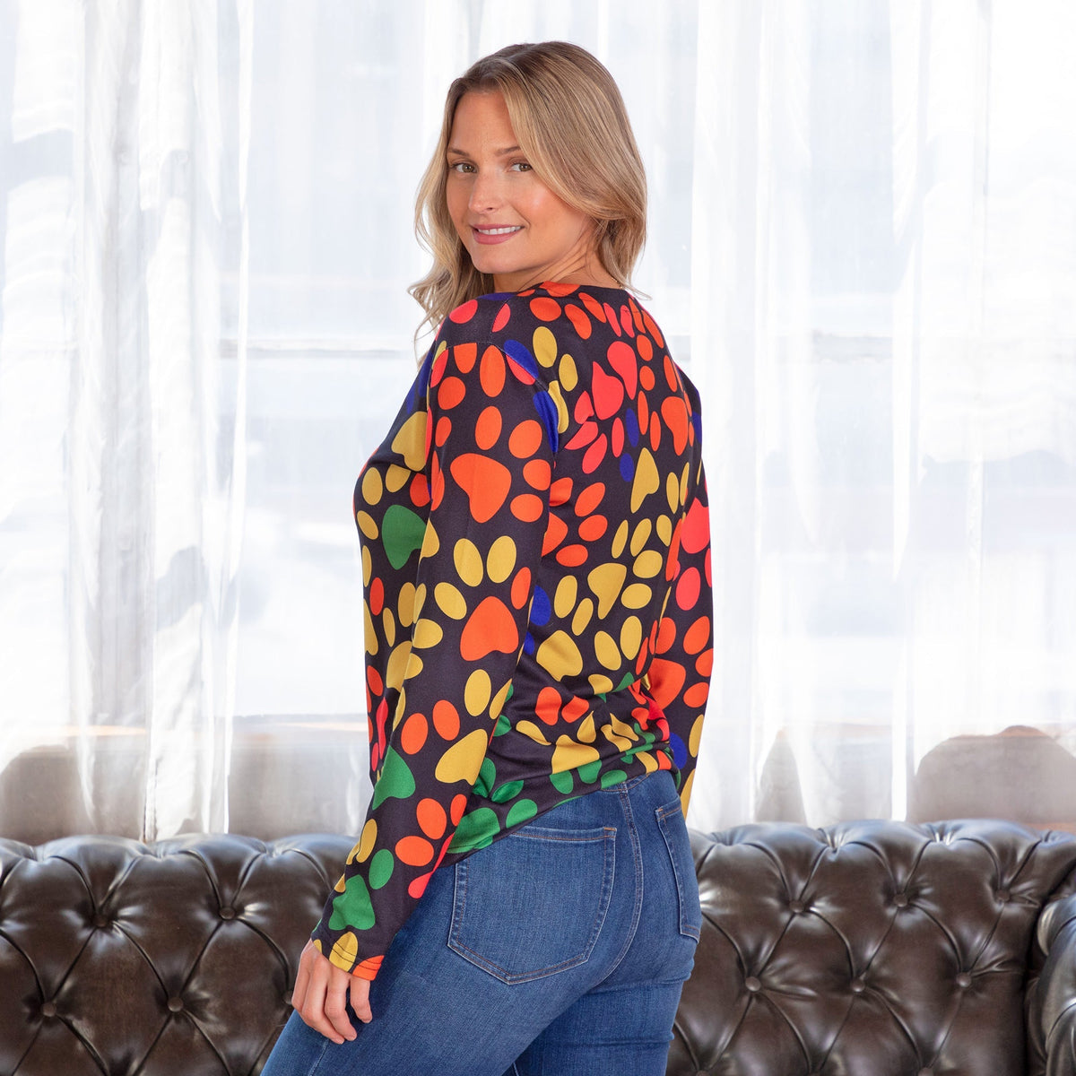 Colorful Paw Print Long Sleeve V-Neck TopSweaters & CardigansTorqelo.com