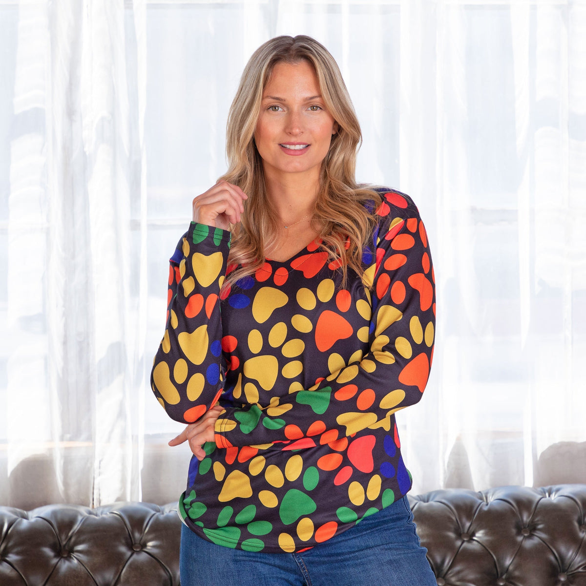Colorful Paw Print Long Sleeve V-Neck TopSweaters & CardigansTorqelo.com