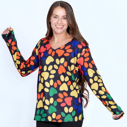 Colorful Paw Print Long Sleeve V-Neck TopSweaters & CardigansTorqelo.com