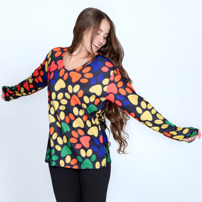 Colorful Paw Print Long Sleeve V-Neck TopSweaters & CardigansTorqelo.com