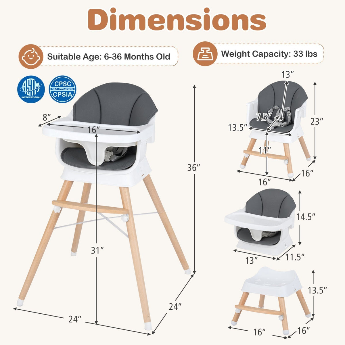 Convertible High Chair for Babies and Toddlers Solid Wood Baby Feeding Chair with 3-Position Adjustable TrayTorqelo.com