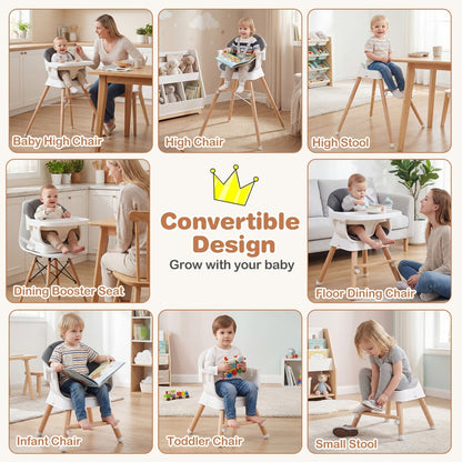 Convertible High Chair for Babies and Toddlers Solid Wood Baby Feeding Chair with 3-Position Adjustable TrayTorqelo.com