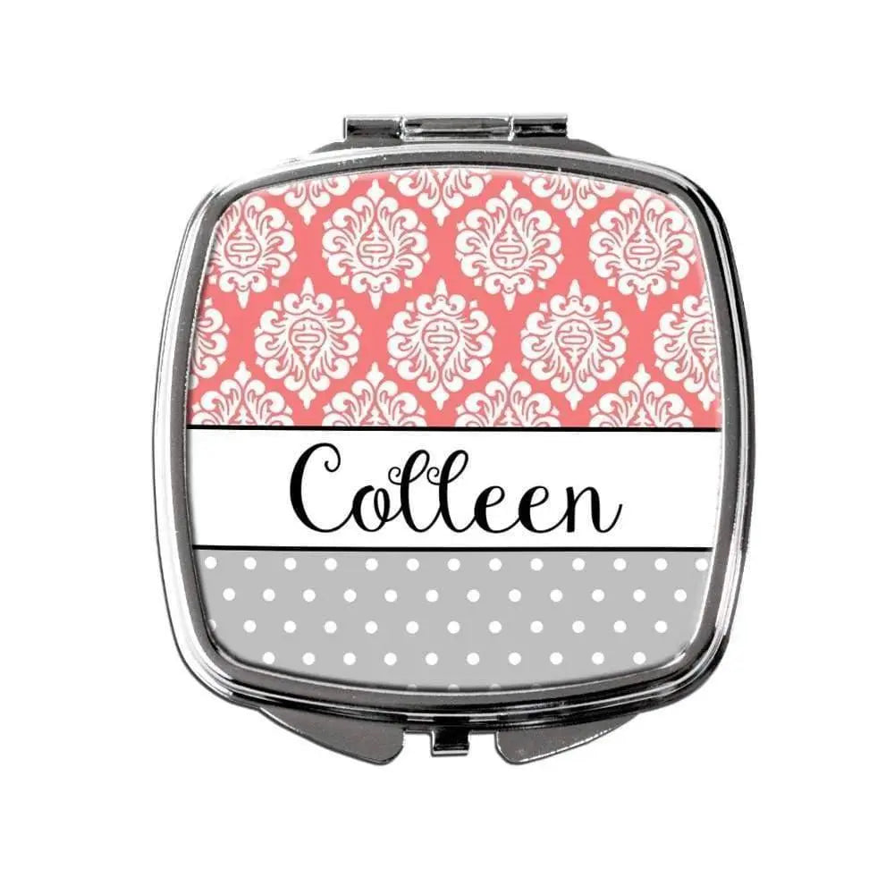 Coral & Gray Personalized Bridesmaids Gift Purse Mirror by Joyful Moose