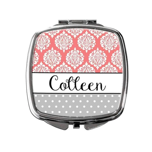Coral & Gray Personalized Bridesmaids Gift Purse Mirror by Joyful Moose