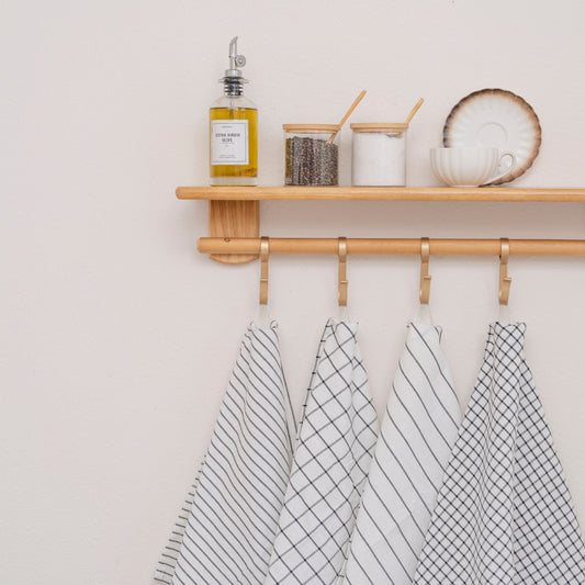 Set of 6 black and white stripe and check cotton kitchen towels, 20 x 30 inches