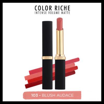 Loreal Paris Color Riche Intense Volume Matte Lipstick - 103 Blush Audace, Hyaluronic Acid, Matte Finish, Volume Enhancing by Beauty Care Bag