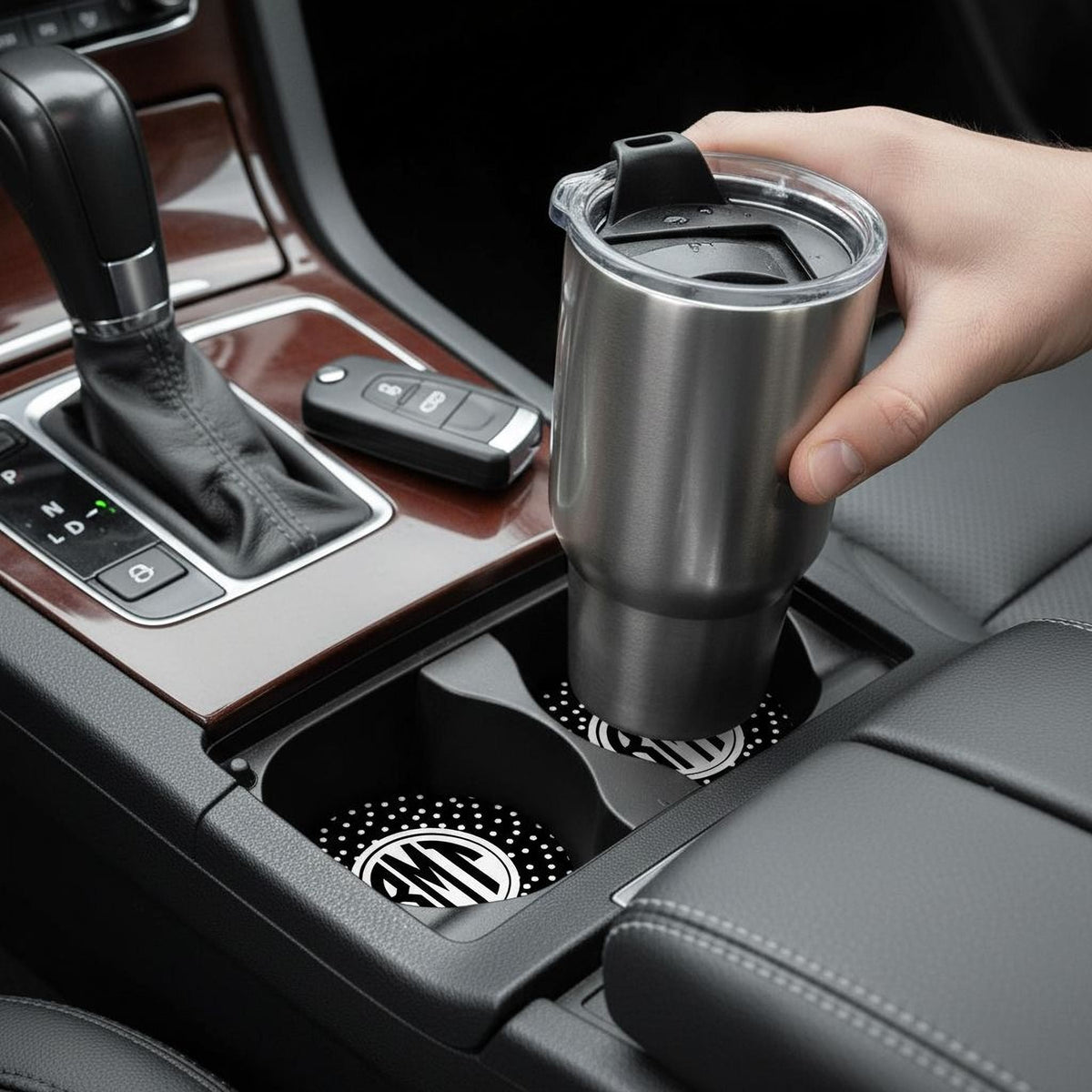 Monogram Car Coaster - Sandstone Circle Polka Dot Cup Holder Insert by Joyful Moose