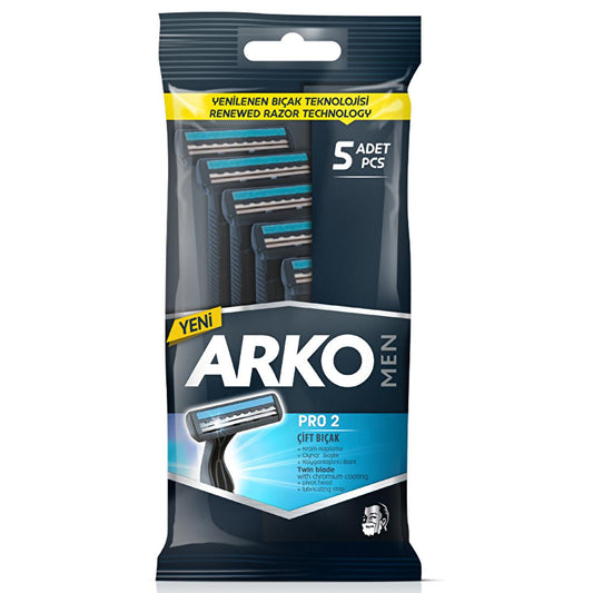 Arko Men Pro: Double Blade Razor 5-Pack for Sensitive Skin - Close, Comfortable Shave with Lubricating Strip & Ergonomic Grip by Beauty Care Bag
