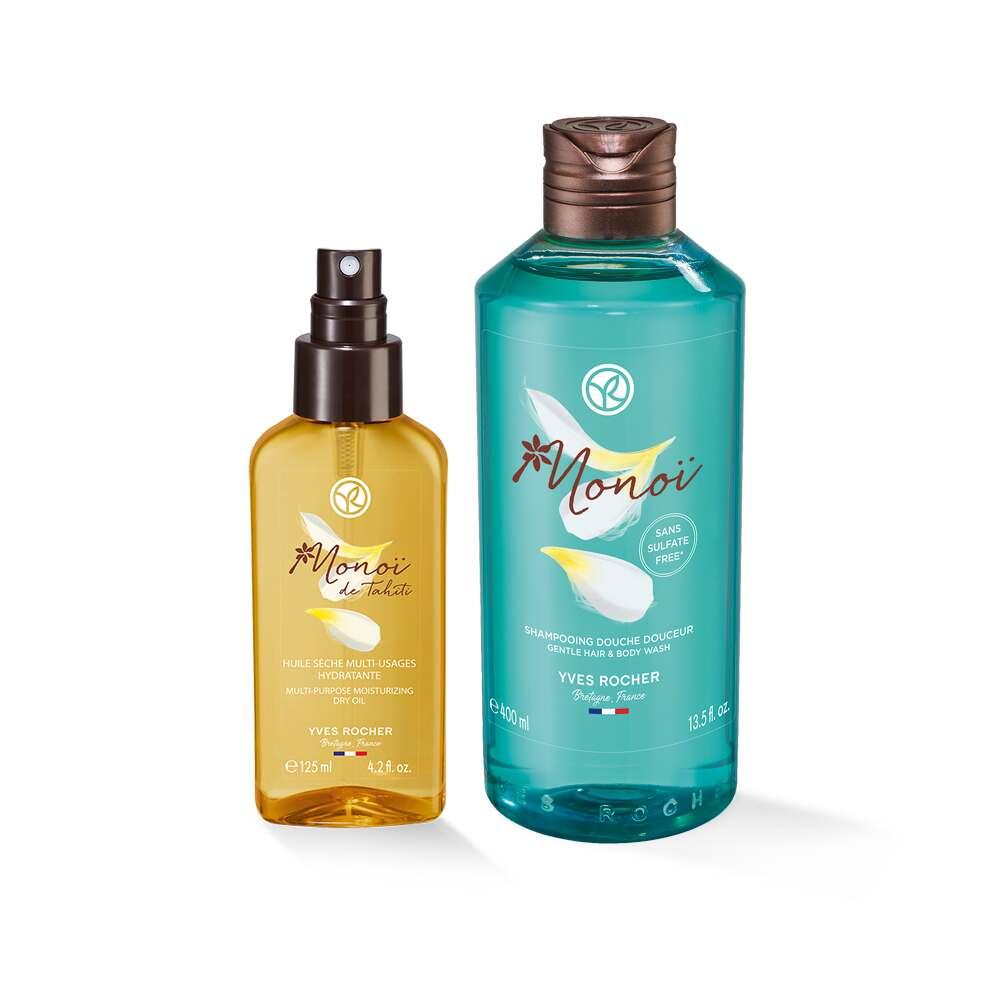 Monoi Body Care Set - Hydrating Shampoo and Bronzing Oil for Nourished Skin and Hair by Beauty Care Bag