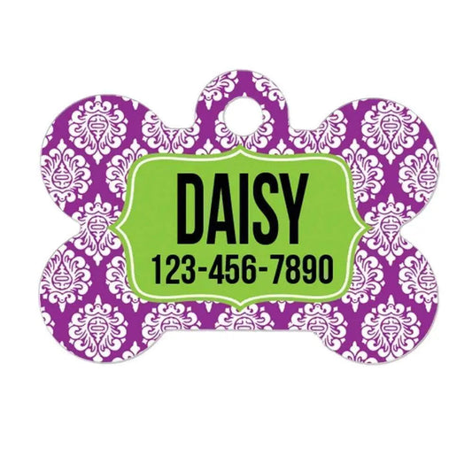 Damask Dog Bone Tag - Personalized Dog Tag - Custom Dog Tag - Purple Damask Dog Tag by Joyful Moose