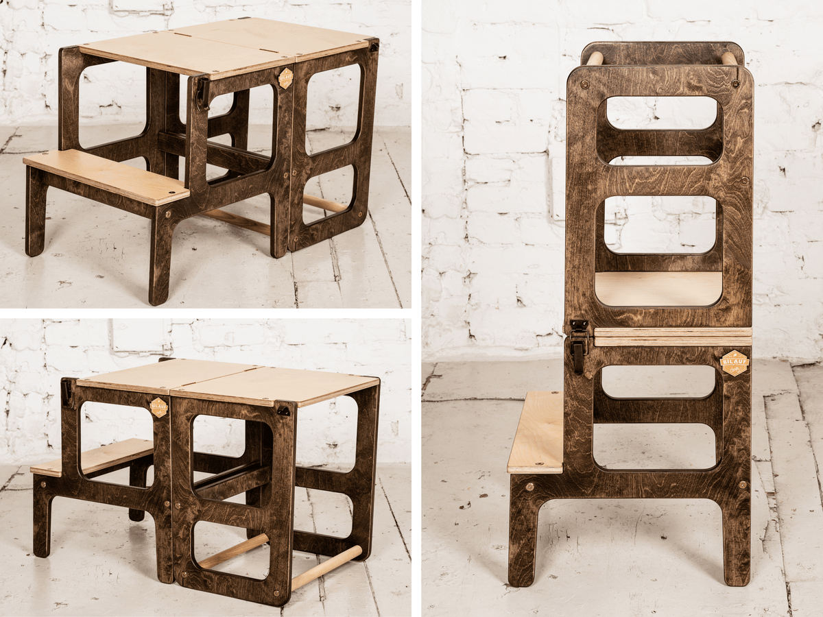Bilauf brown 2-in-1 foldable kitchen helper stool and table