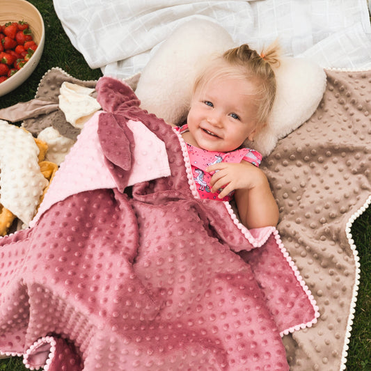 Dusty rose 2-in-1 baby blanket with bunny-ear comforter toy by Ochre Ares