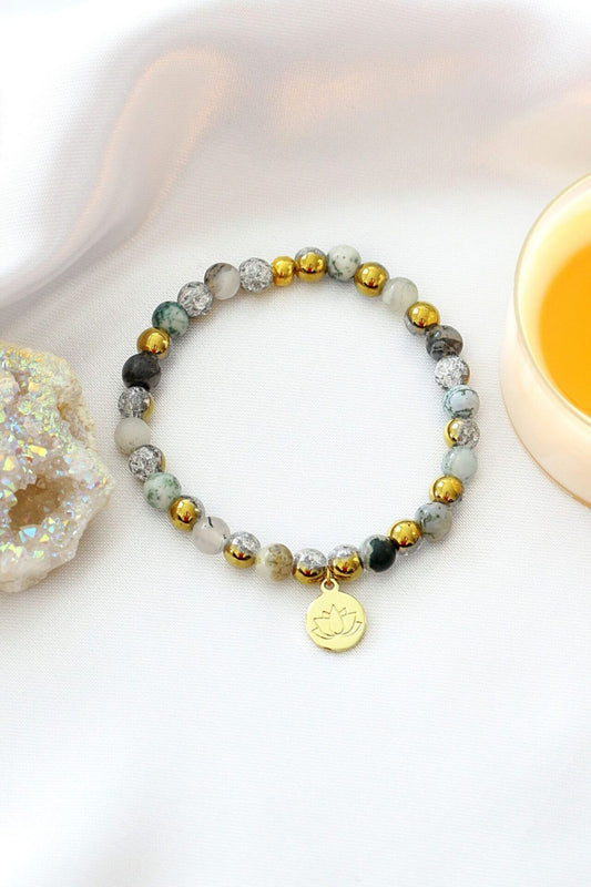 Mossy Agate Elastic Bracelet | 24K Lotus Flower Charm by Ultramarine Birch