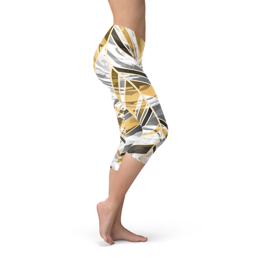 White Marble w/ Black Gold Lines Capri Leggings by Maroon Sooty