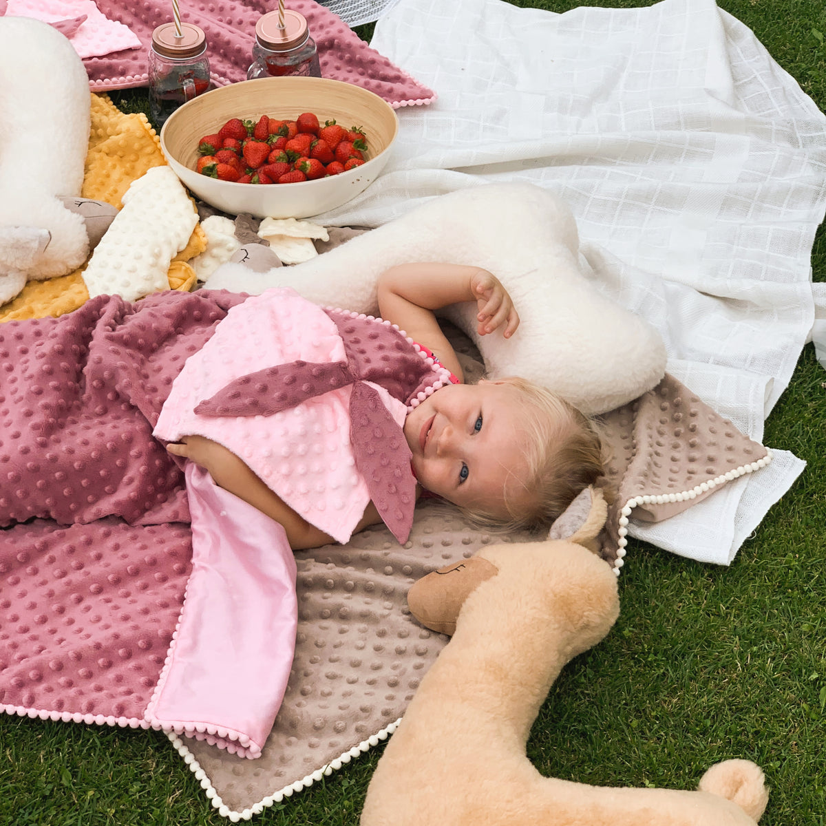 Dusty rose 2-in-1 baby blanket with bunny-ear comforter toy by Ochre Ares, view 3