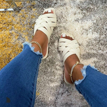 Summer Casual Outdoor Leather Flat Women Slippers Blue/Pink/Beige by Red Iphigenia