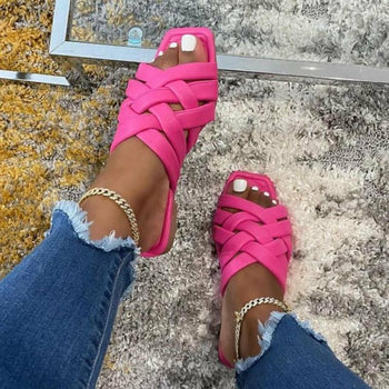 Summer Casual Outdoor Leather Flat Women Slippers Blue/Pink/Beige by Red Iphigenia
