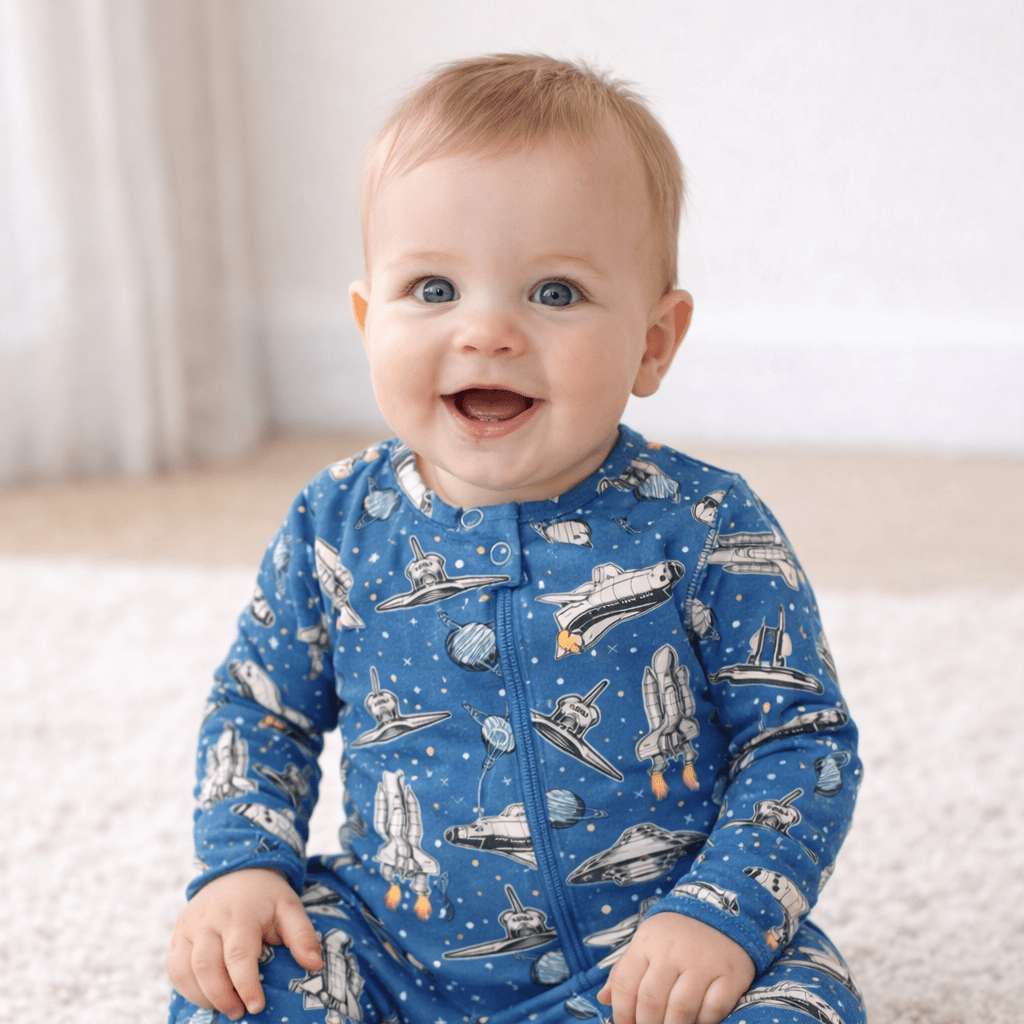 Deep In Orbit Zipper Footie by Sweet Bamboo