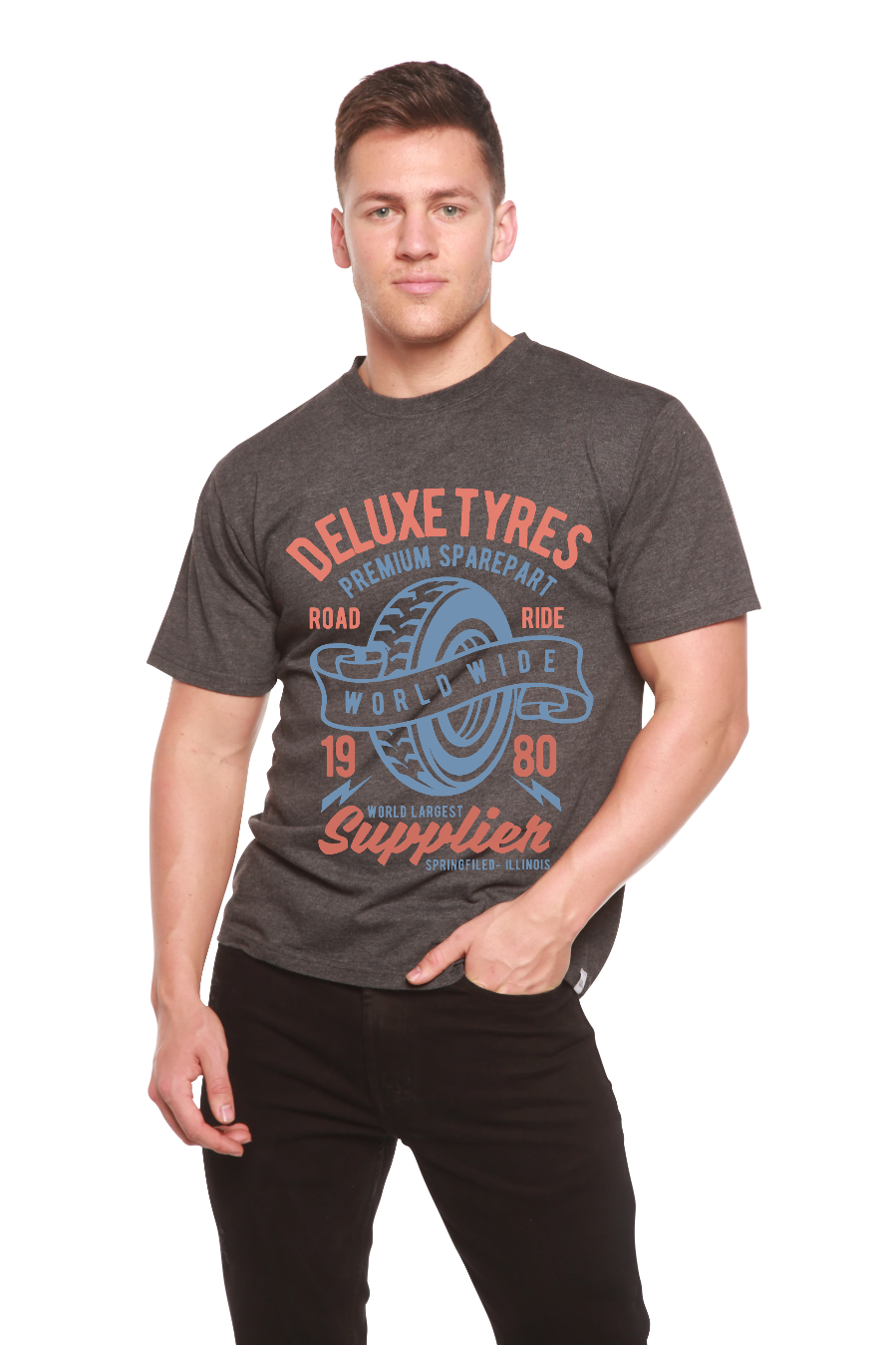 Deluxe Tyres men's short sleeve graphic T-shirt in bamboo viscose and organic cotton