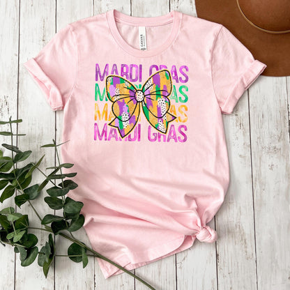 Mardi Gras Shirt - Purple Green Gold Coquette Bow Tee | New Orleans Carnival Outfit by Joyful Moose