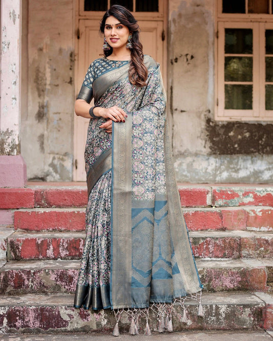 Elegant Blue and Grey Banarasi Silk Saree with Intricate Floral by Cyan Butterscotch