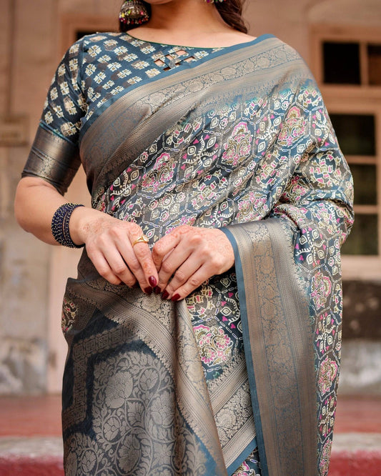 Elegant Blue and Grey Banarasi Silk Saree with Intricate Floral by Cyan Butterscotch