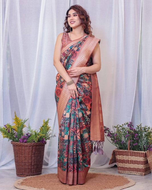 Geometric Elegance: Multicolored Digital Print Pure Silk Saree with by Cyan Butterscotch