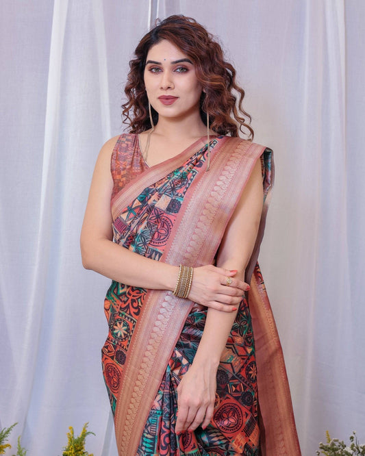 Geometric Elegance: Multicolored Digital Print Pure Silk Saree with by Cyan Butterscotch