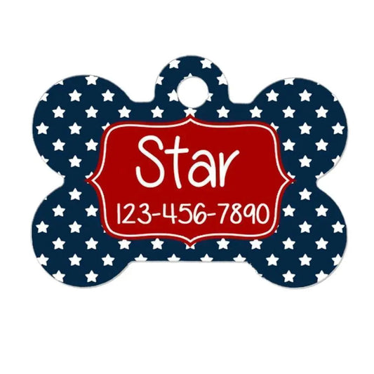 dog collar tag - red navy blue stars - 2 sided by Joyful Moose