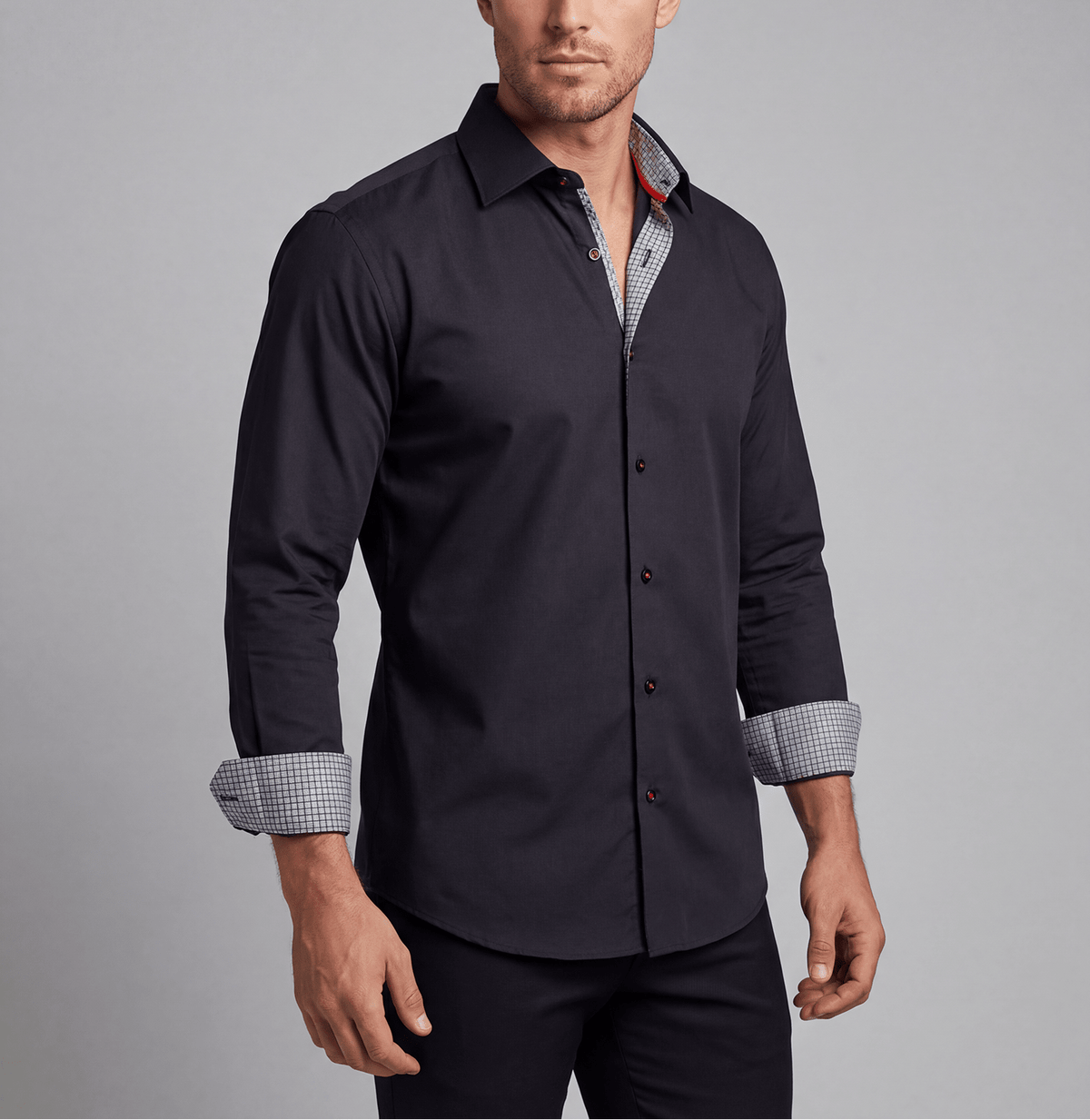 Donny// Cotton Knit-Stretch Button-Up Shirt With Contrast Details // Black // Tailored Fit (Fitted)Shirts & TopsTorqelo.com